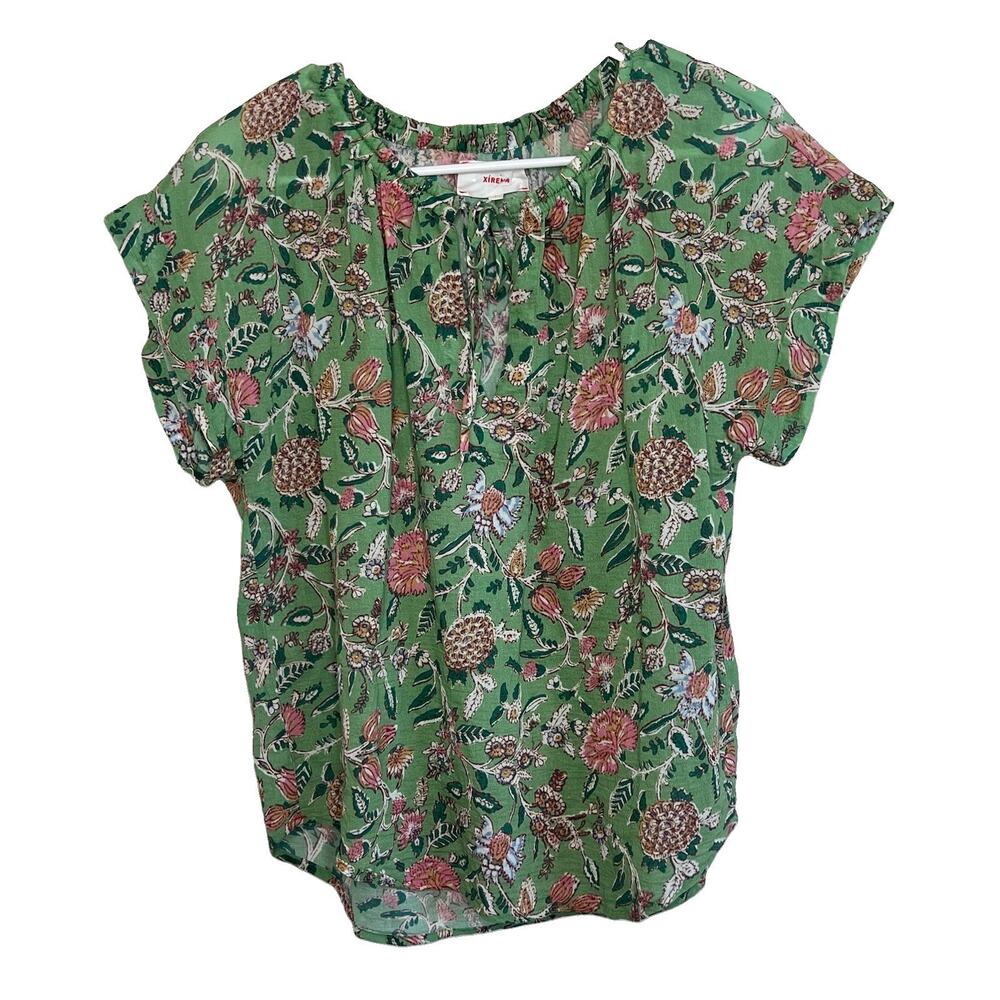 XIRENA Green Floral Cotton Emryn Short Sleeve Peasant Blouse Boho Small Ac25